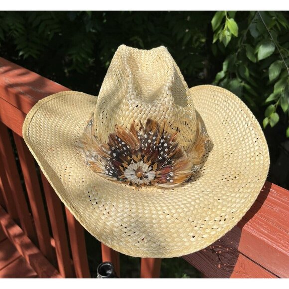 Larry Mahan Vintage‎ Western Braided Straw Hat With Feathers Size 7 - Picture 1 of 9